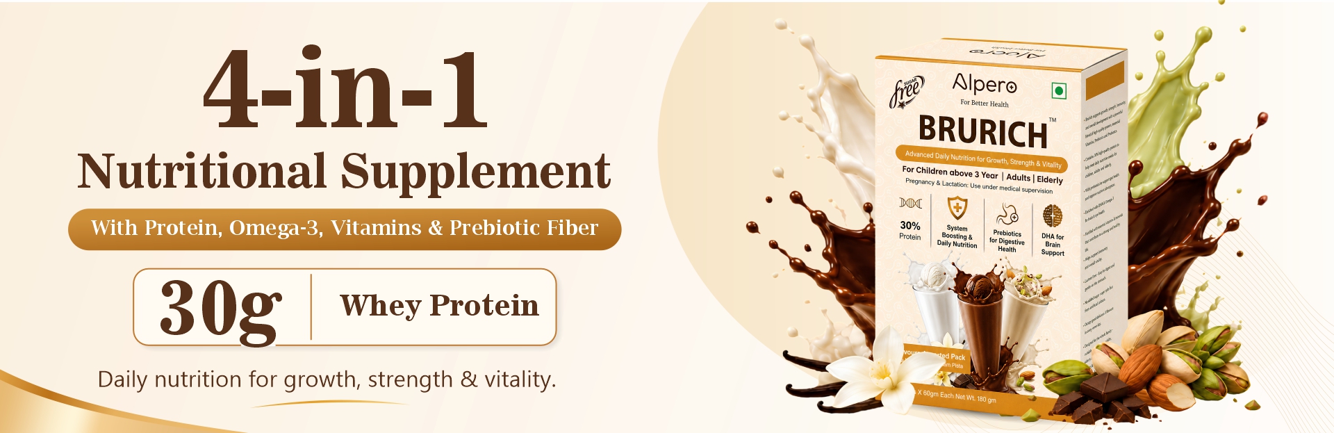 Brurich 4-in-1 Nutritional Supplement with Protein, Omega-3, Vitamins & Prebiotic Fiber. 30g Whey Protein.