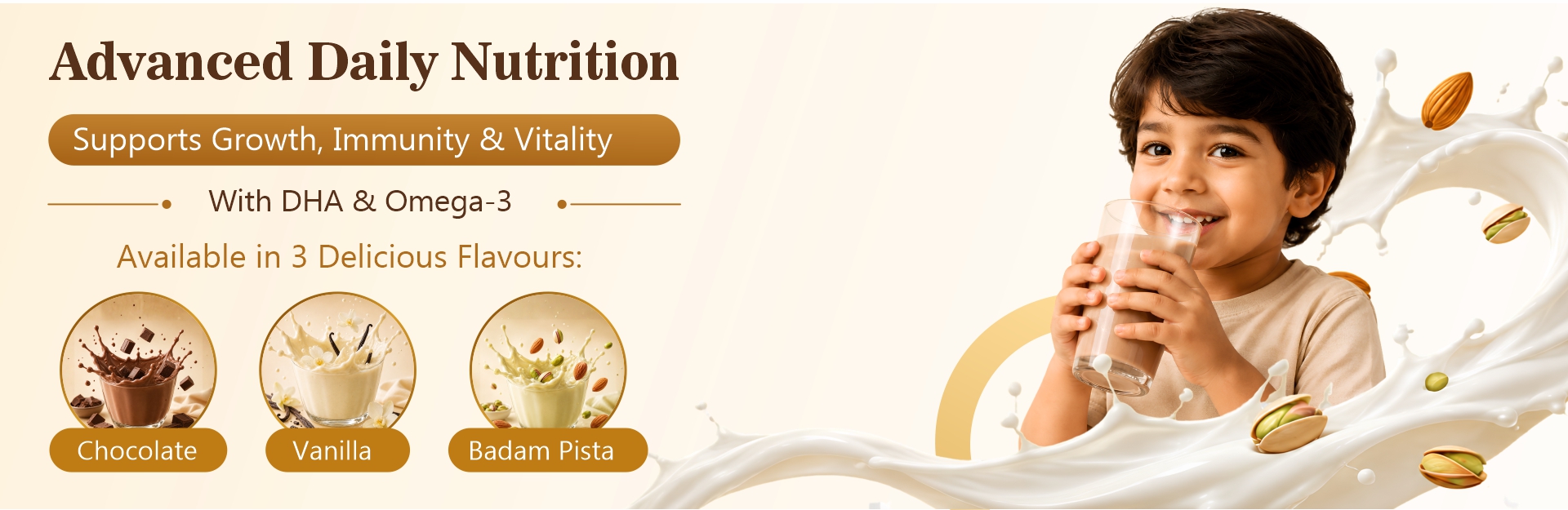 Brurich – Advanced Daily Nutrition. Supports Growth, Immunity & Vitality with DHA & Omega-3. Available in Chocolate, Vanilla and Badam Pista.